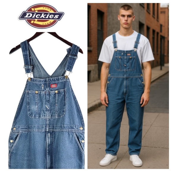 Dickies Bib Overalls Mens 44 x 32 Denim Medium Wash Blue Carpenter Work Utility - Picture 1 of 8